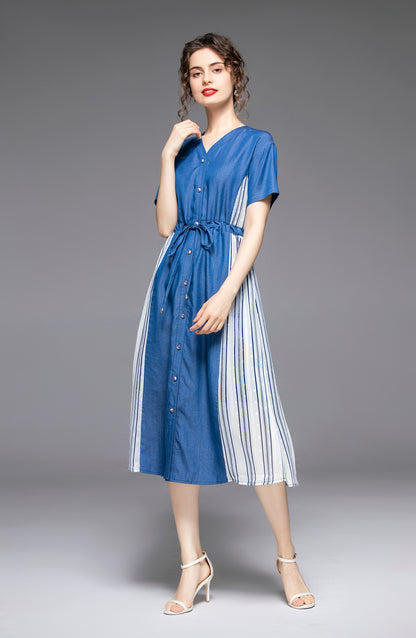 V-neck Front Button Stitching style Blue Denim Dress