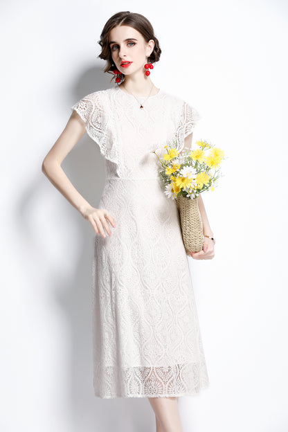 Women's White Floral Print Lace Ruffled Sleeve Midi Dress