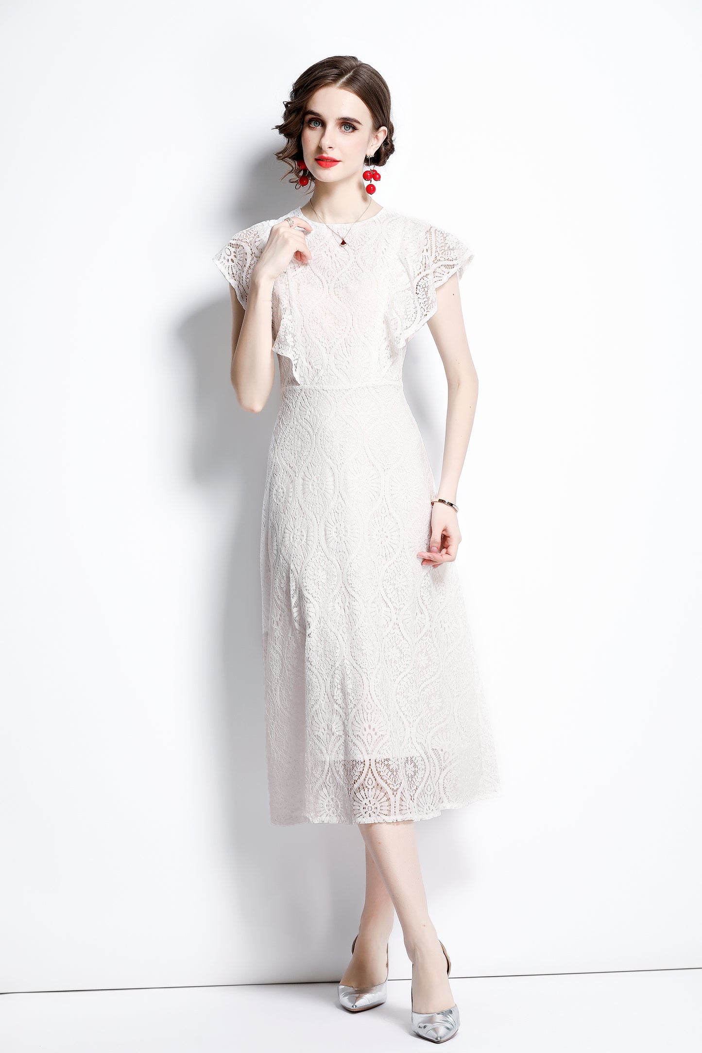 Women's White Floral Print Lace Ruffled Sleeve Midi Dress