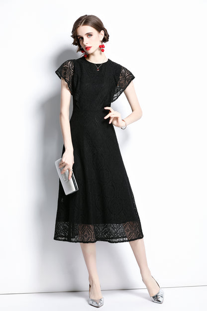 Women's Black Floral Print Lace Ruffled Sleeve Midi Dress
