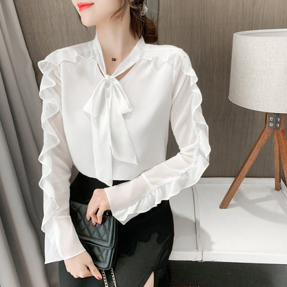 Red ＆ White Solid Color Bow Tie Long Sleeve Top blouse