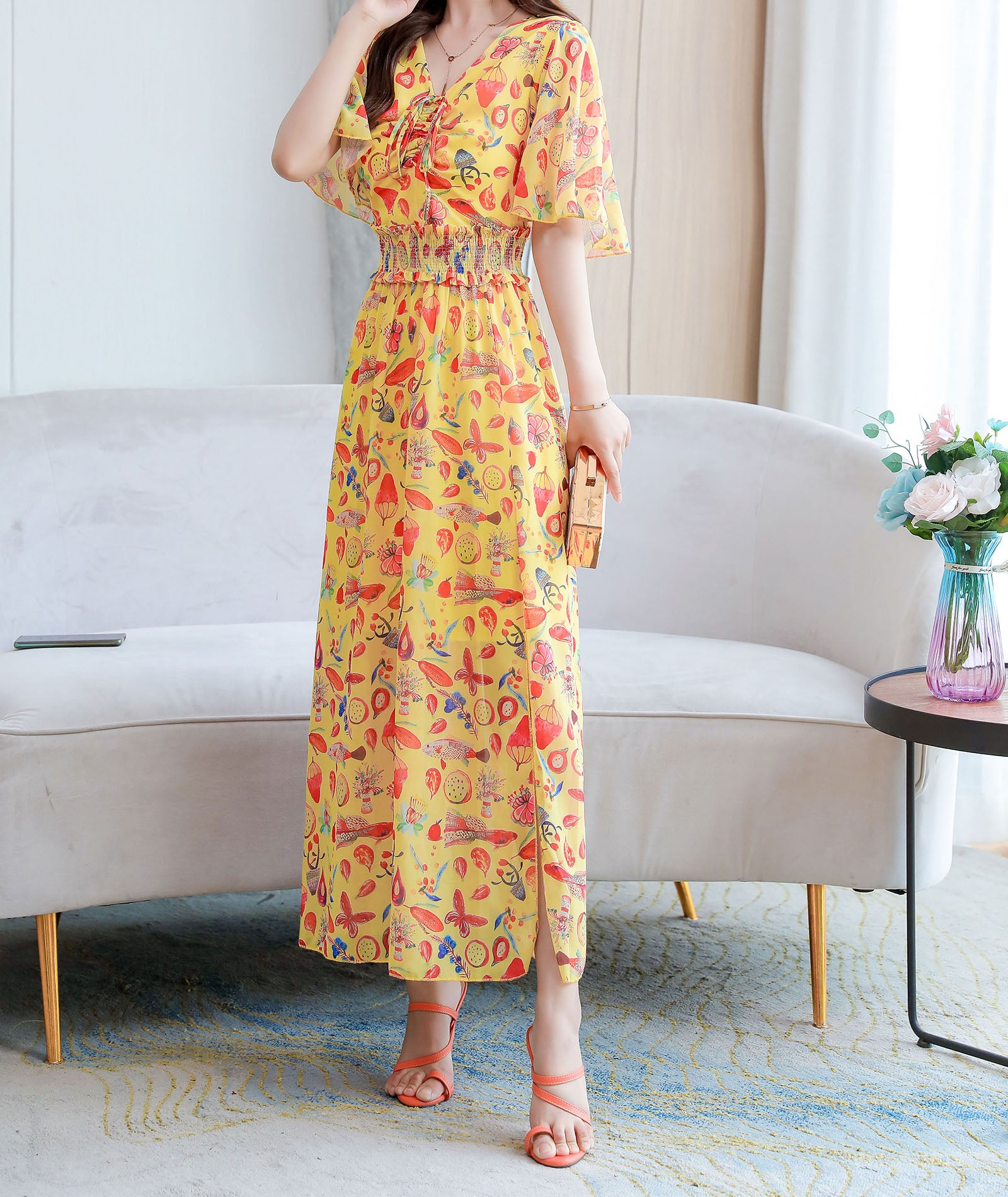Wonderful Pattern V Neck WIth Bow Tie Maxi Dress - LAI MENG FIVE CATS