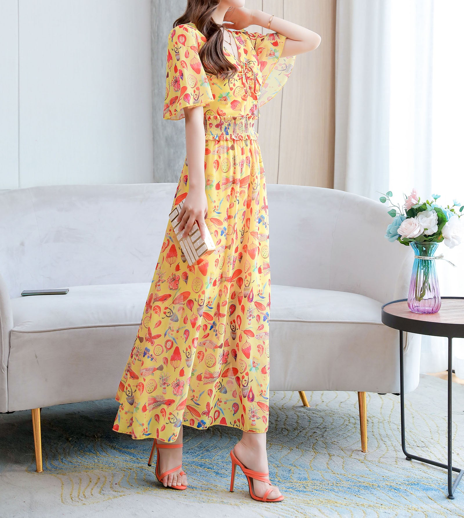 Wonderful Pattern V Neck WIth Bow Tie Maxi Dress - LAI MENG FIVE CATS