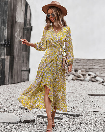 V-neck Long Sleeve Yellow Floral Print Ruffled Slit Hem Maxi Dress