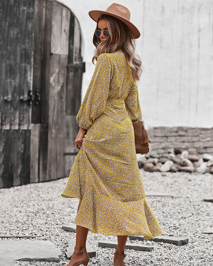 V-neck Long Sleeve Yellow Floral Print Ruffled Slit Hem Maxi Dress