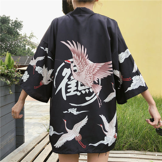 Black & White Crane Japanese kimono Cardigan - LAI MENG FIVE CATS