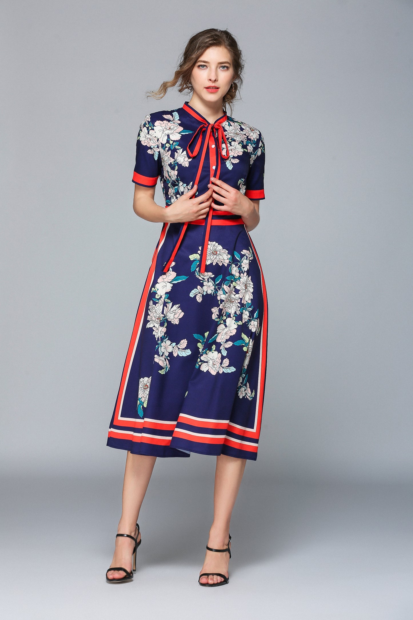 Women's Short Sleeve Floral Print Dress - LAI MENG FIVE CATS
