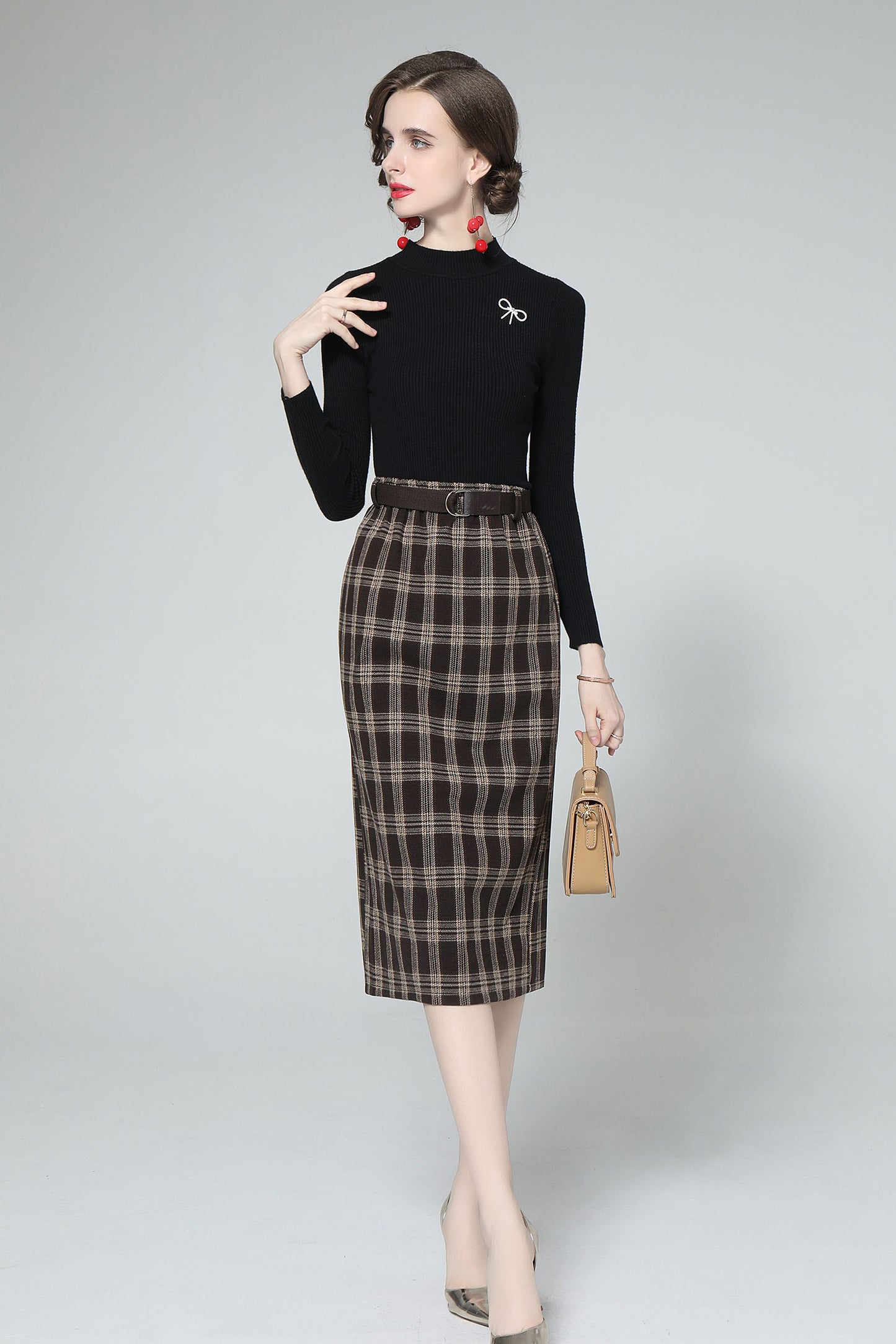 Rounded Collar Knit Top 2 in 1 Elegant A Line Midi Dress