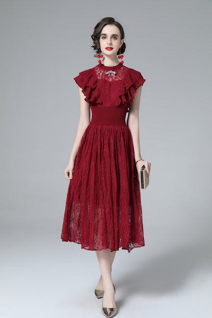 Hollow lace Ruffled sleeves with Bow Decoration Retro Midi Cocktail Dress