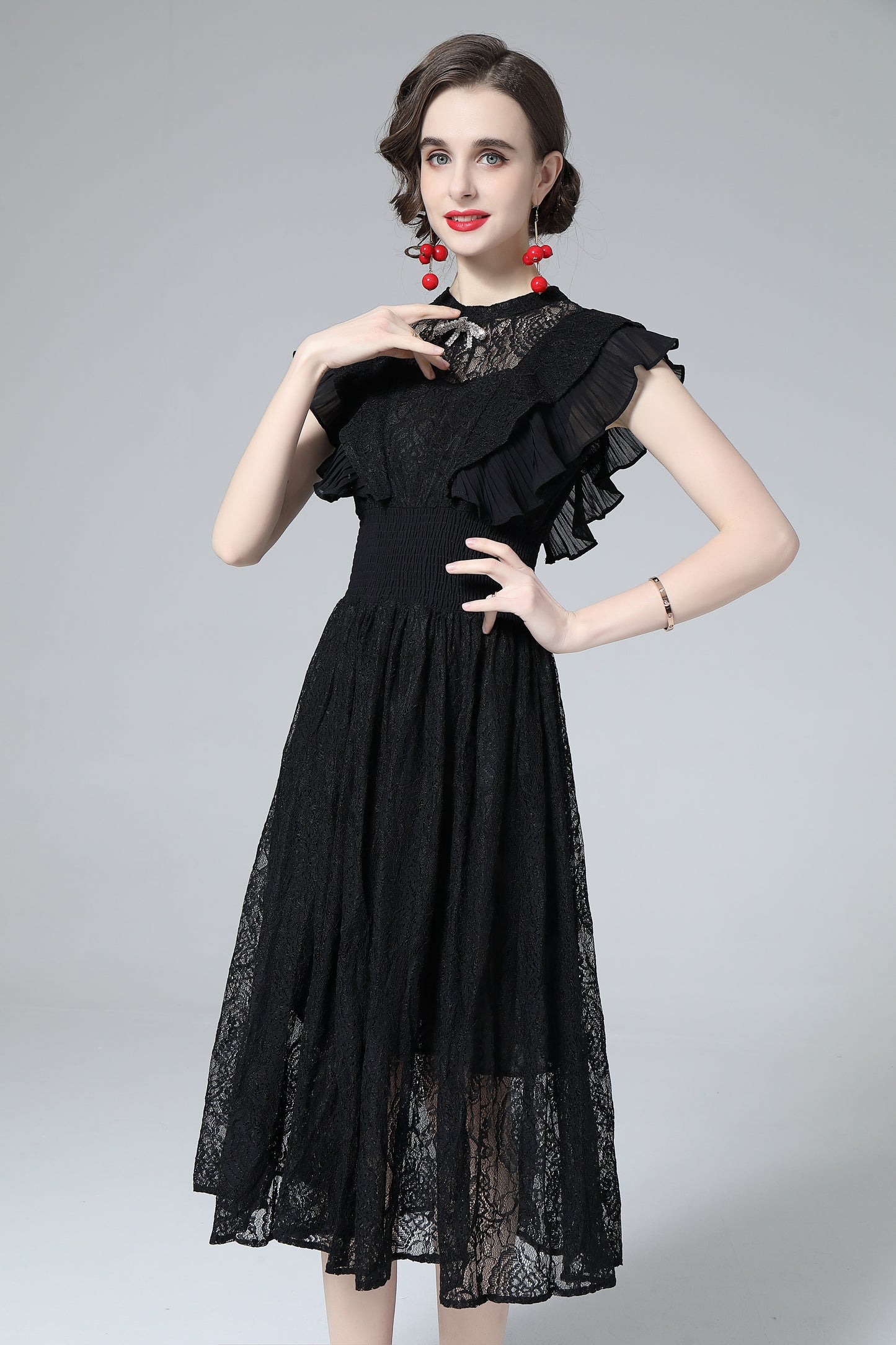 Hollow lace Ruffled sleeves with Bow Decoration Retro Midi Cocktail Dress