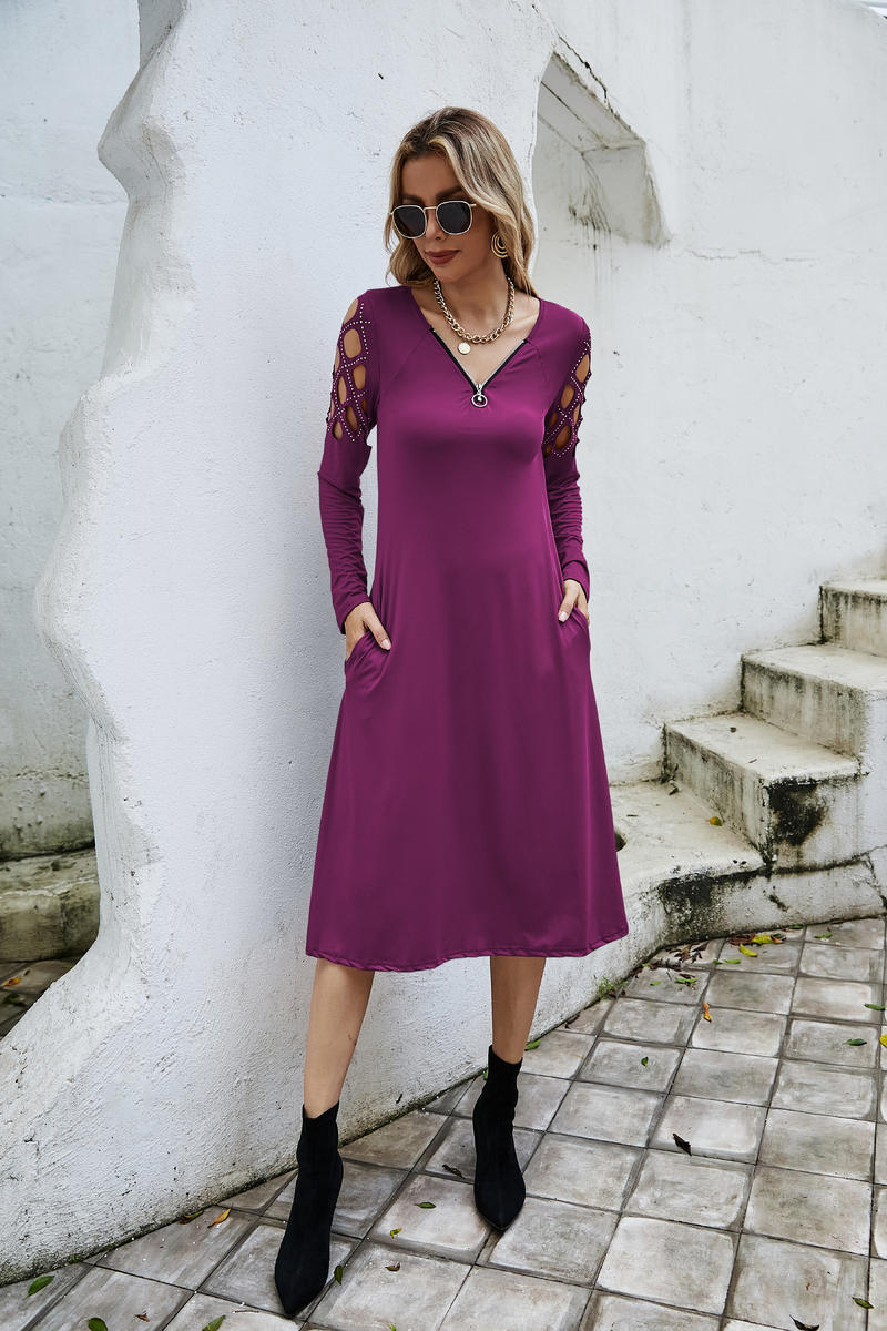 Long Sleeve Solid Color Loose Plain Maxi Dresses with Pockets - LAI MENG FIVE CATS