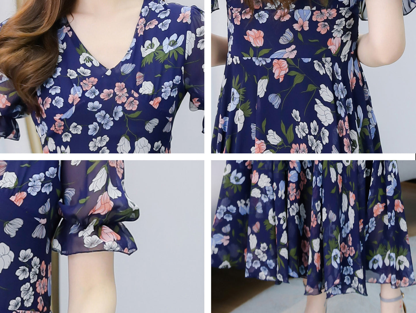 Blue ＆ White Floral Pattern V-Neck Max Print Dress