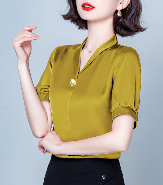 Stain Solid Color Short Sleeve Button-Down Shirt Blouse