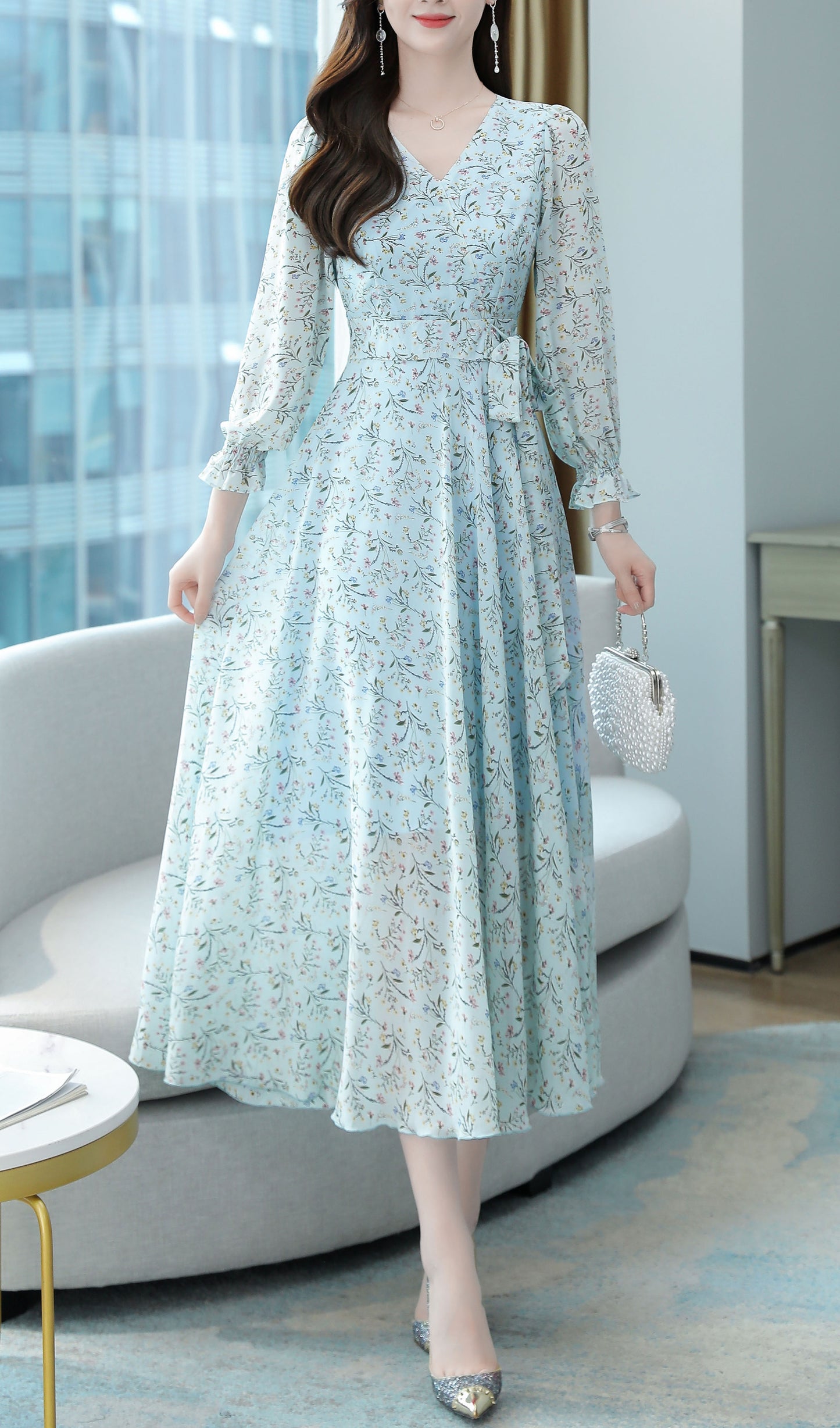 Classic Floral Print V-Neck Elegant Maxi Dress