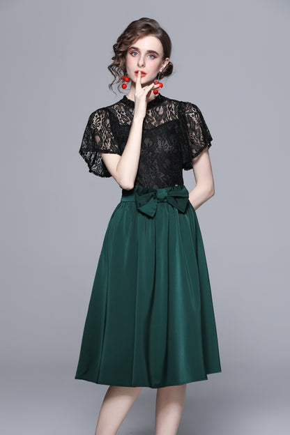 Rounded Collar Lace Top 2 in 1 Elegant A Line Midi Dress