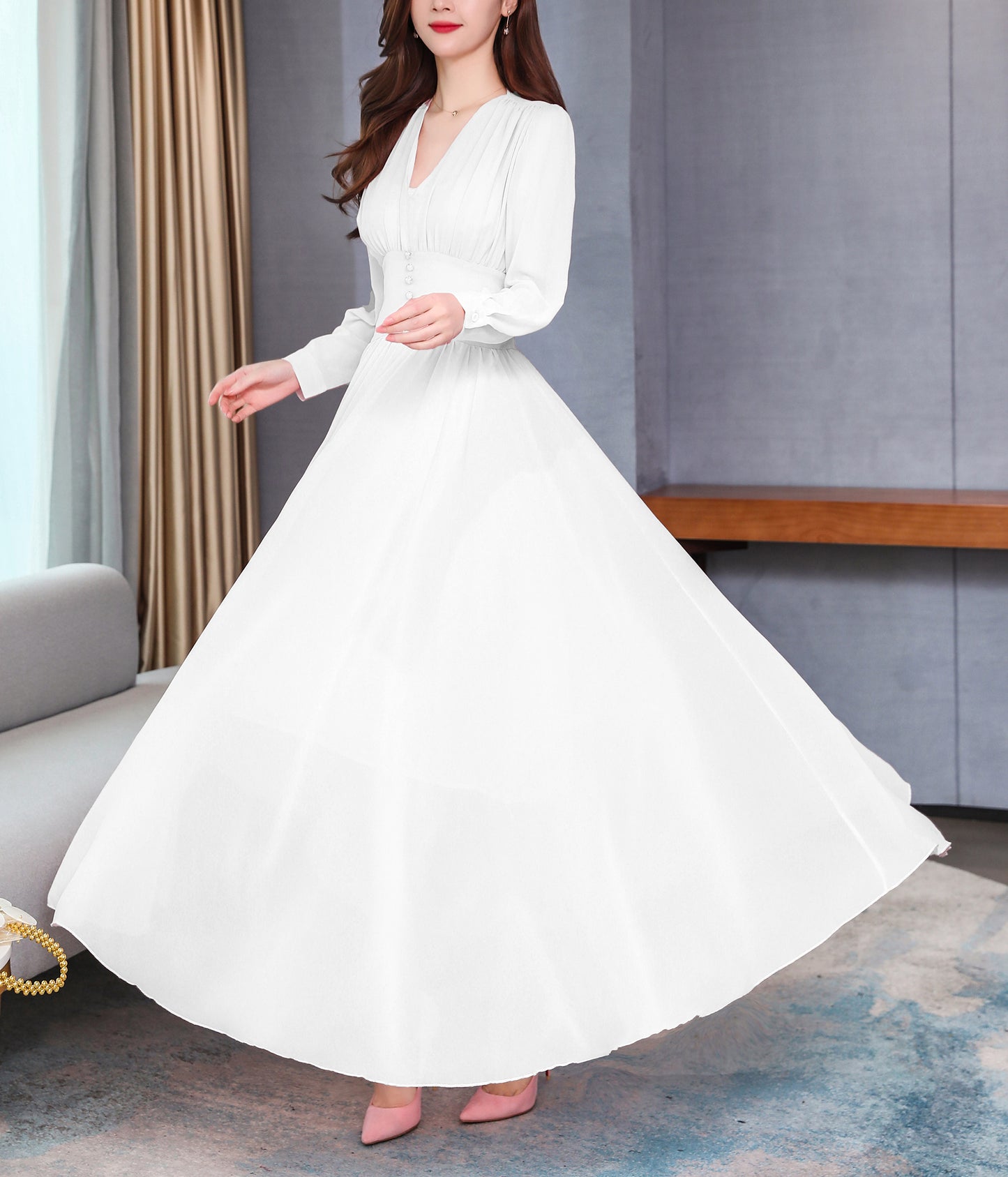 Classic Solid Color V-Neck Elegant Wedding Maxi Dress