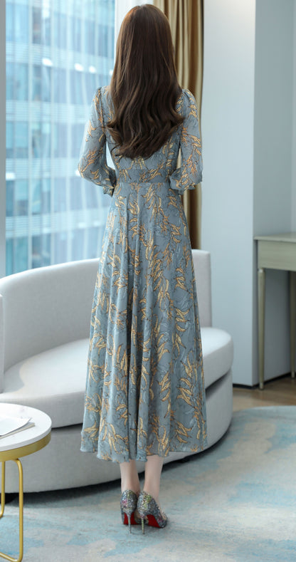 Classic Floral Print V-Neck Elegant Maxi Dress