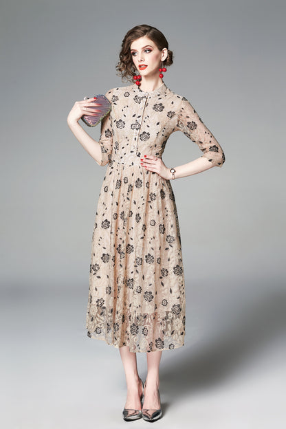 Apricot Tunic Floral Lace 3/4 sleeves Crew Neck Midi Dress